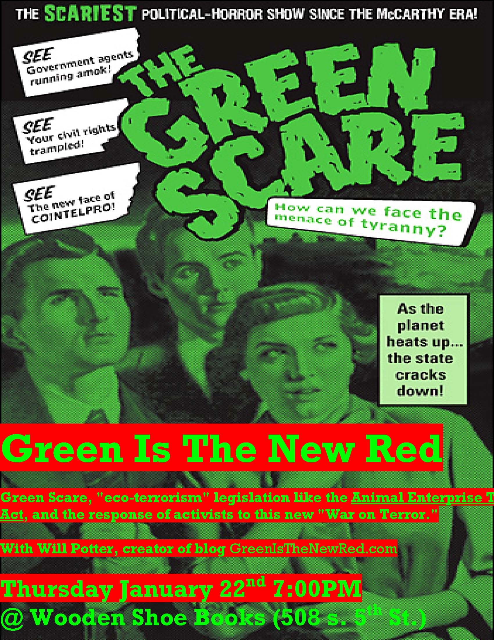 Green Scare flier for Will Potter speaking event at Wooden Shoe books in Philadelphia.