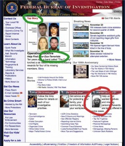 Screenshot of the FBI homepage, with "eco-terrorists" as the top story above Osama bin Laden.