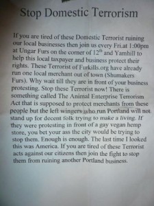 Found flier warns of terrorist protesters. 