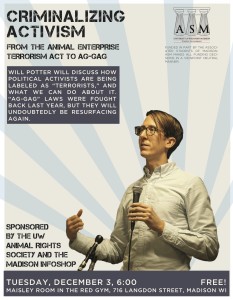 Will Potter speaking at the University of Wisconsin-Madison about criminalizing activism and animal rights.